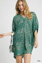 Teal metallic leopard print V-neck kimono dress by Umgee featuring a flowy silhouette and kimono sleeves.