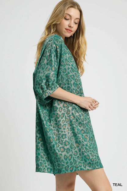 Teal metallic leopard print V-neck kimono dress by Umgee, flowing fabric with stylish print, perfect for casual or dressy occasions.