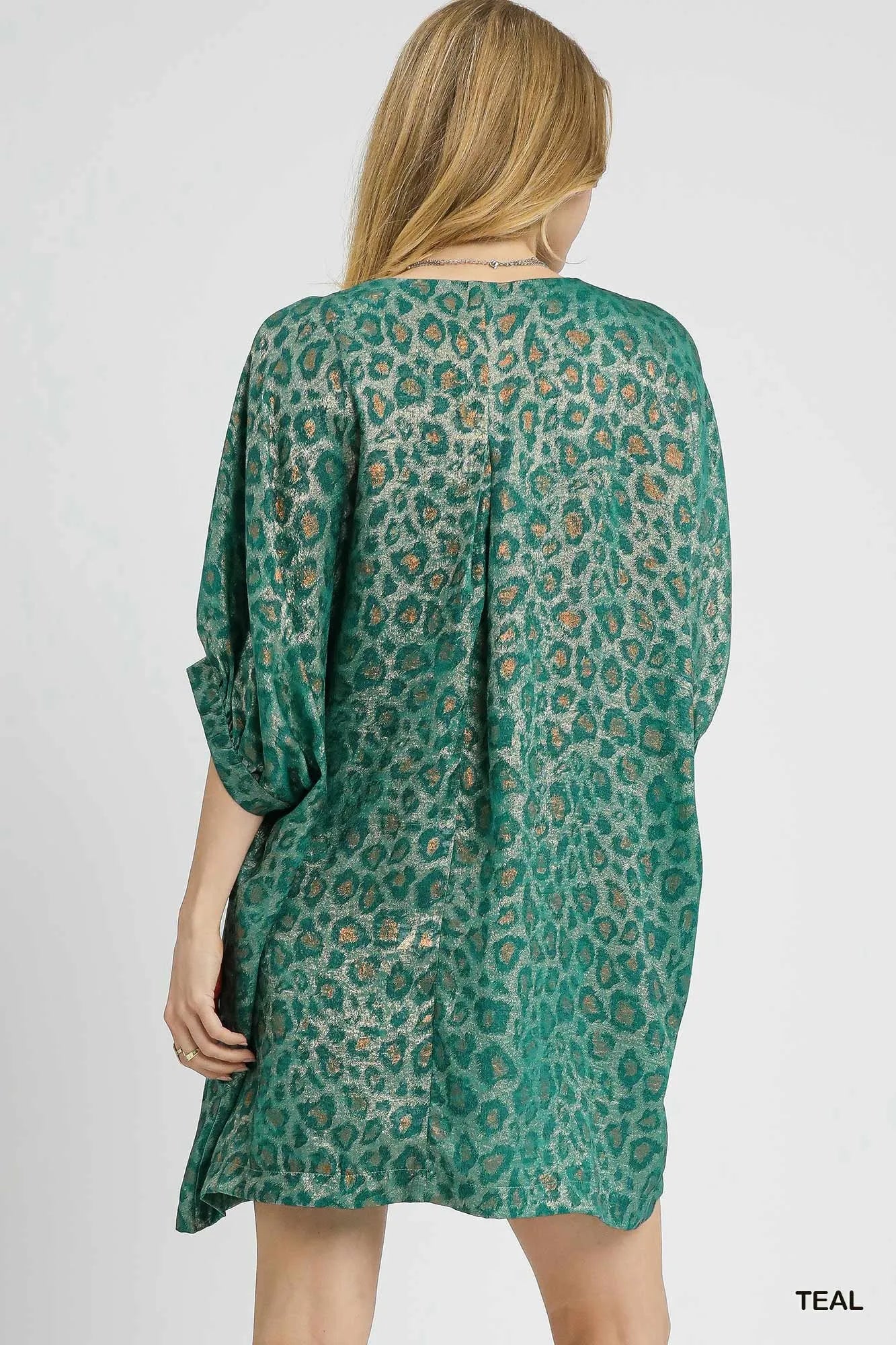 Teal metallic leopard print V-neck kimono dress by Umgee, flowing lightweight fabric with stylish pattern and relaxed fit.