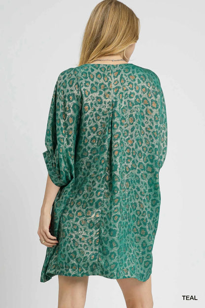 Teal metallic leopard print V-neck kimono dress by Umgee, flowing lightweight fabric with stylish pattern and relaxed fit.