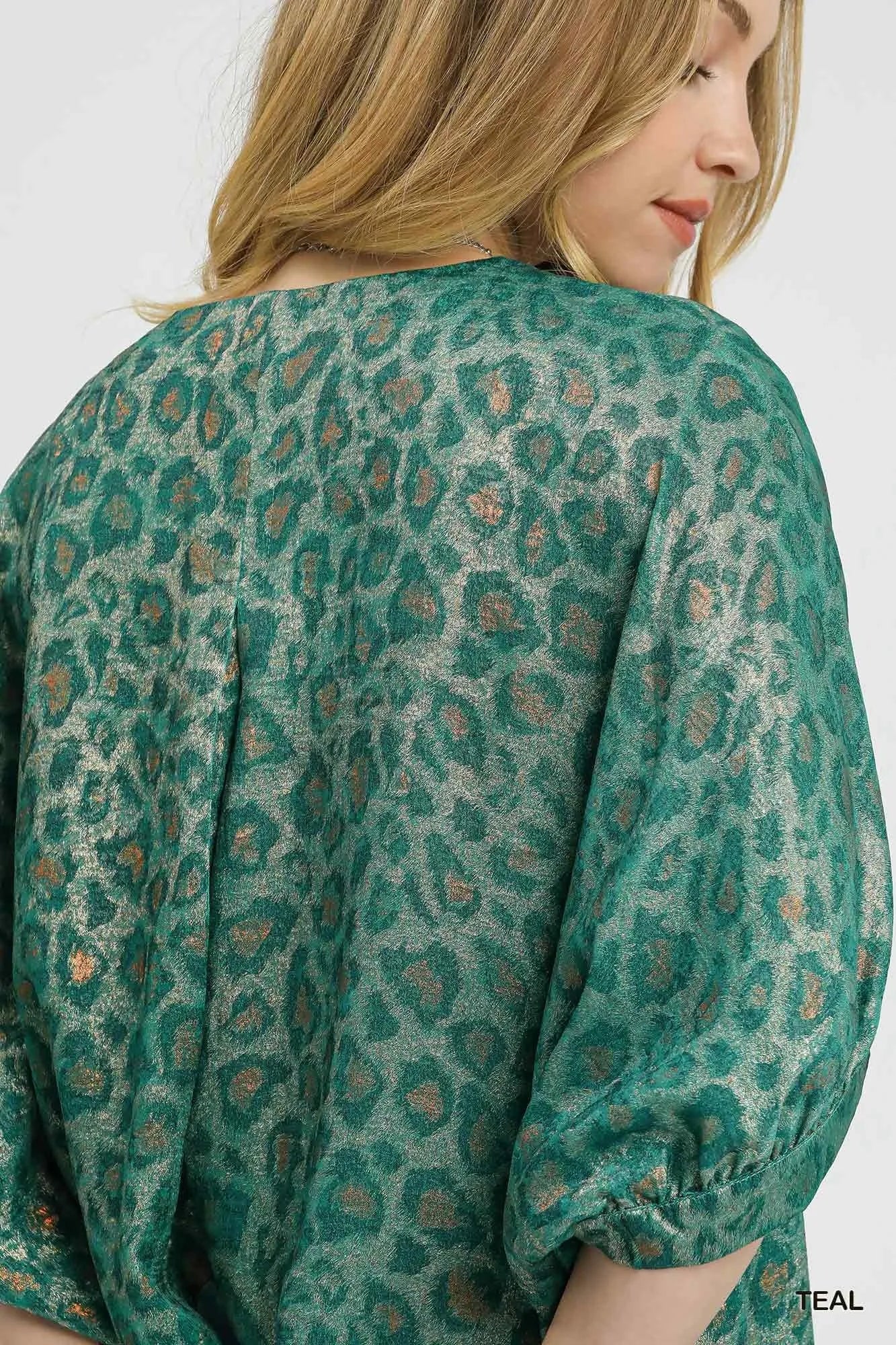 Teal metallic leopard print V-neck kimono dress by Umgee, flowing fabric with stylish animal print and relaxed fit.