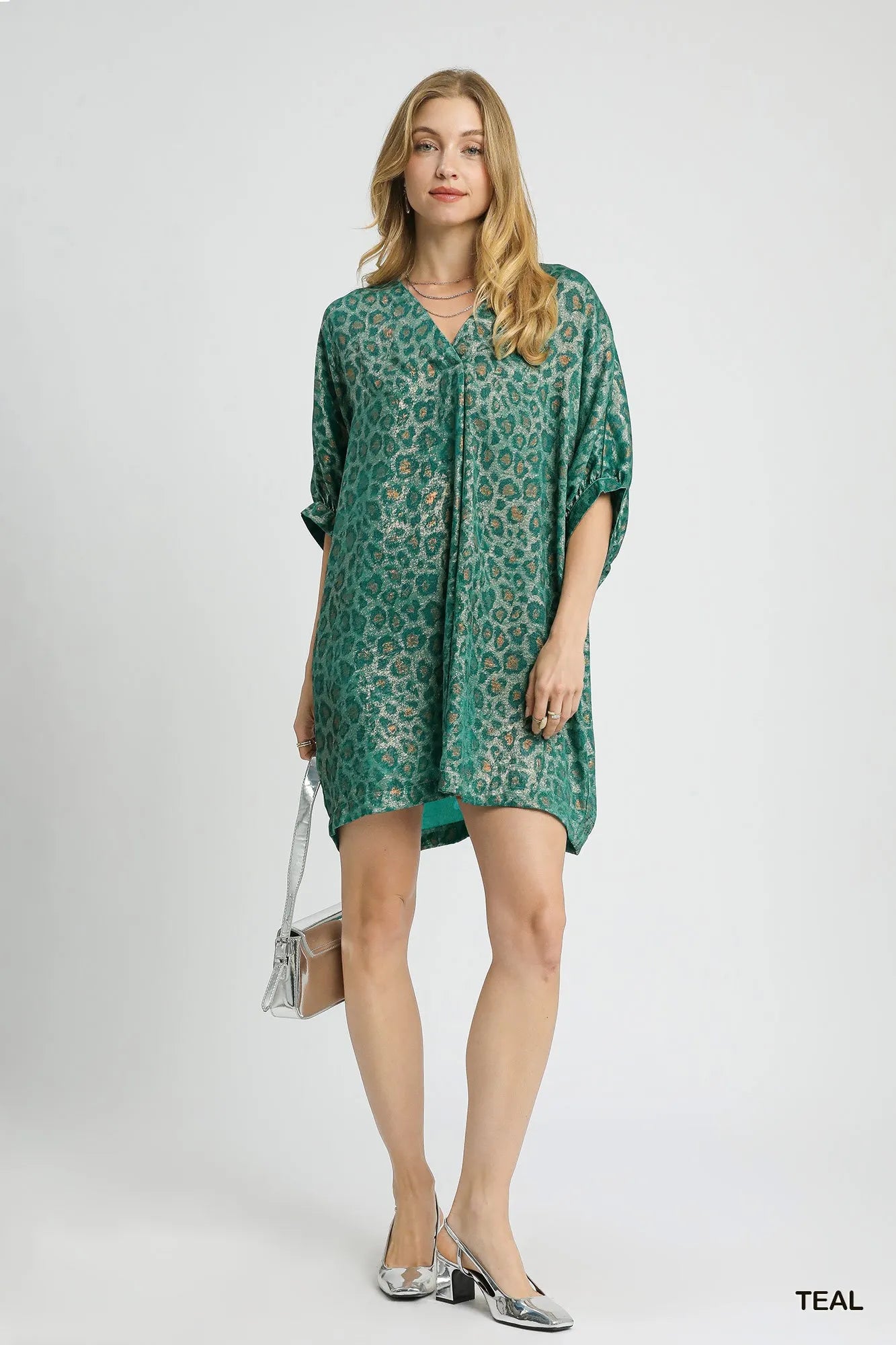 Teal metallic leopard print V-neck kimono dress by Umgee, flowing lightweight fabric with stylish pattern and relaxed fit.
