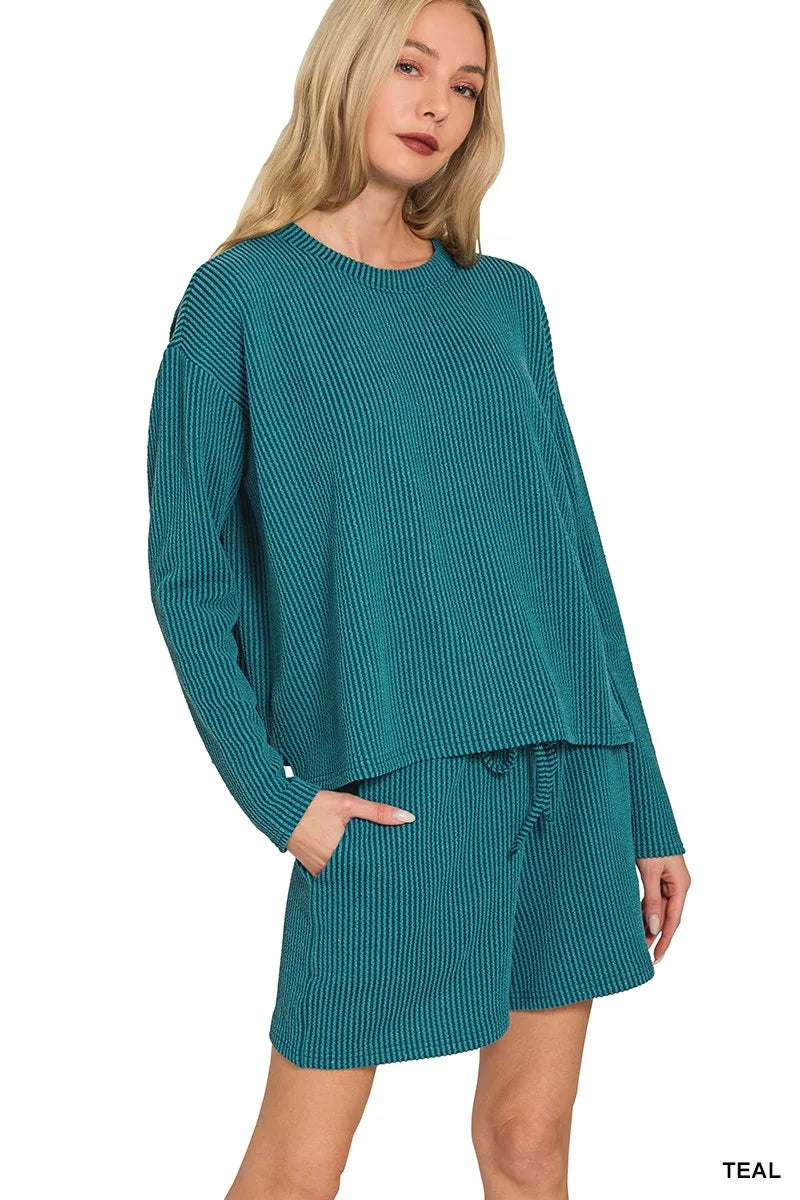 Teal Zenana corded rib long sleeve tee and shorts set by Trendsi, featuring a comfortable, casual loungewear look.