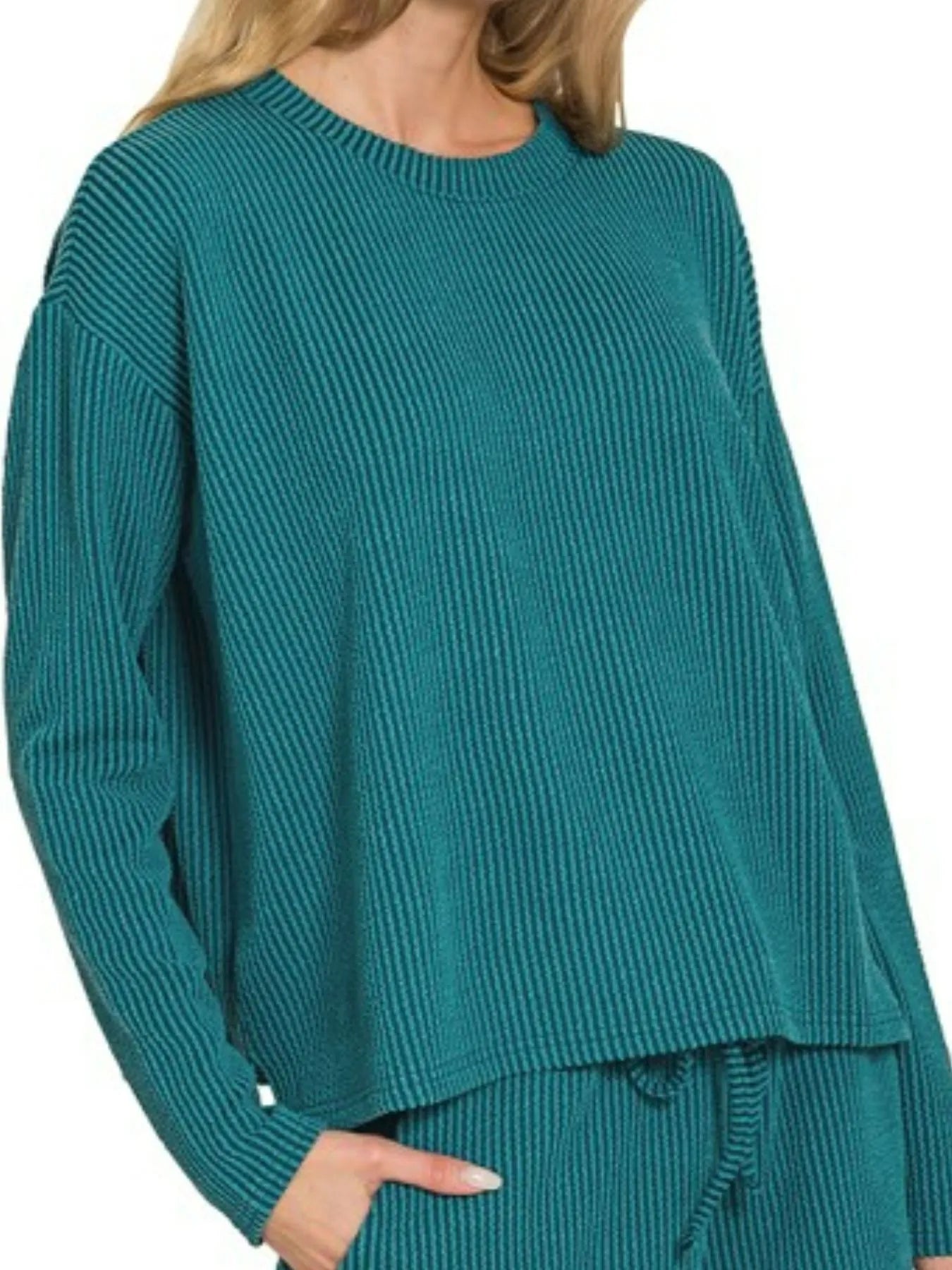 Teal Zenana corded rib long sleeve tee and shorts set with relaxed fit, featuring ribbed fabric and casual style.