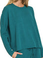 Teal Zenana corded rib long sleeve tee and shorts set with relaxed fit, featuring ribbed fabric and casual style.