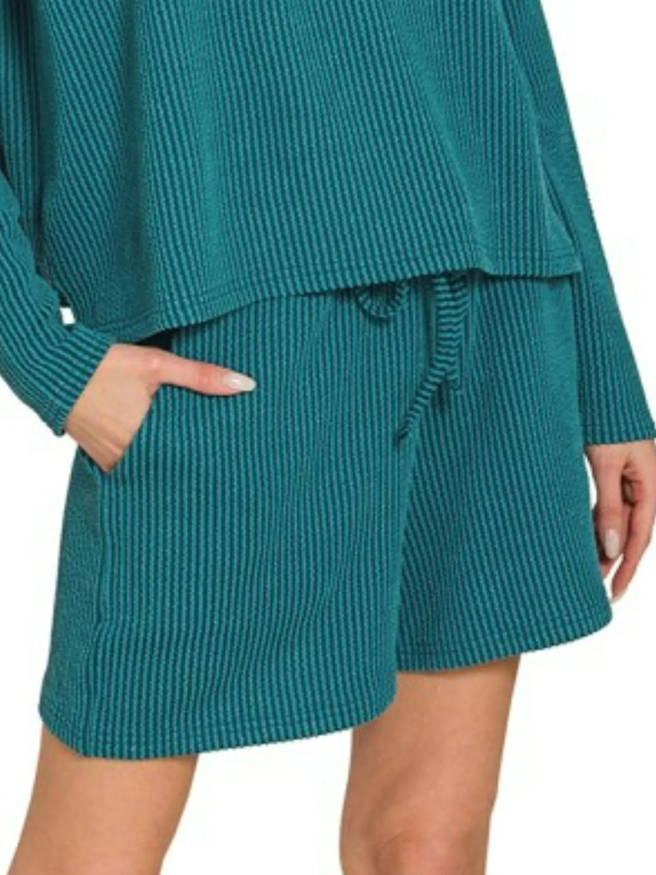 Teal Zenana corded rib long sleeve tee and matching shorts set by Trendsi, casual loungewear with ribbed fabric and comfortable fit.