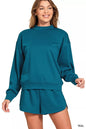 Teal Zenana Scuba long sleeve sweatshirt and shorts set by Trendsi, shown on a model with a casual, sporty style.