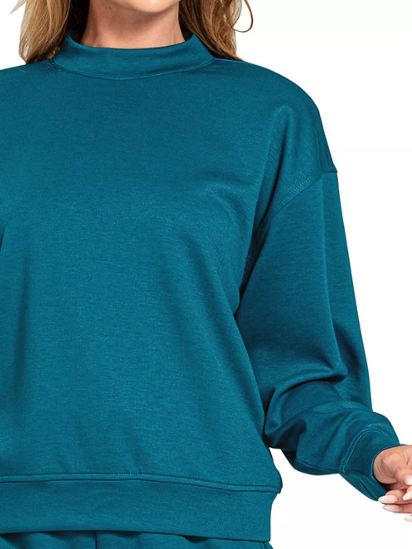 Teal Zenana scuba long sleeve sweatshirt and shorts set, casual loungewear from Trendsi with comfortable fabric and relaxed fit.