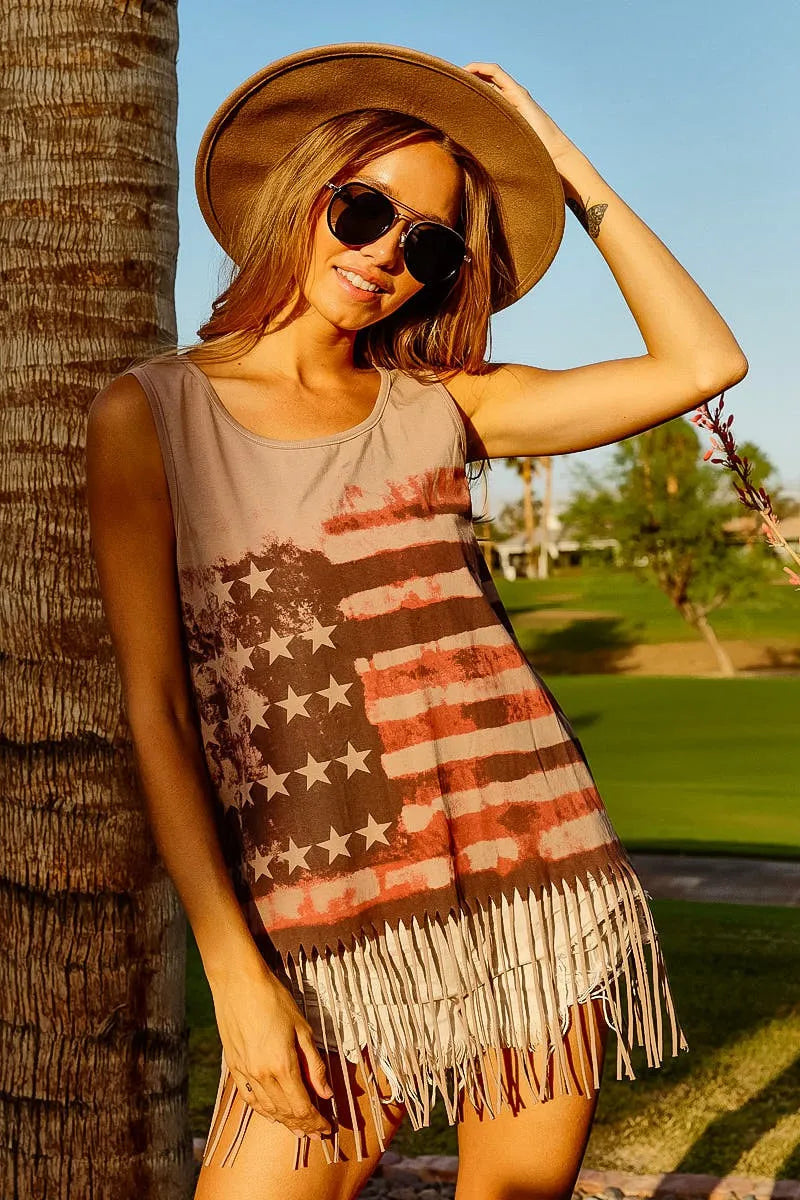 Terracotta sleeveless knit top by Trendsi featuring an American flag print, casual style, and comfortable fit.