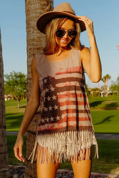 Terracotta BiBi American flag print knit sleeveless top with V-neck and casual fit, perfect for patriotic summer fashion.