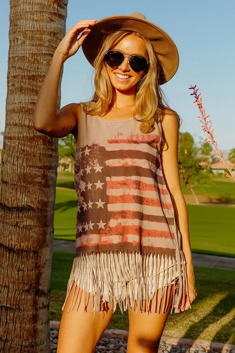 Terracotta sleeveless knit top with American flag print by Trendsi, featuring a casual, patriotic style.