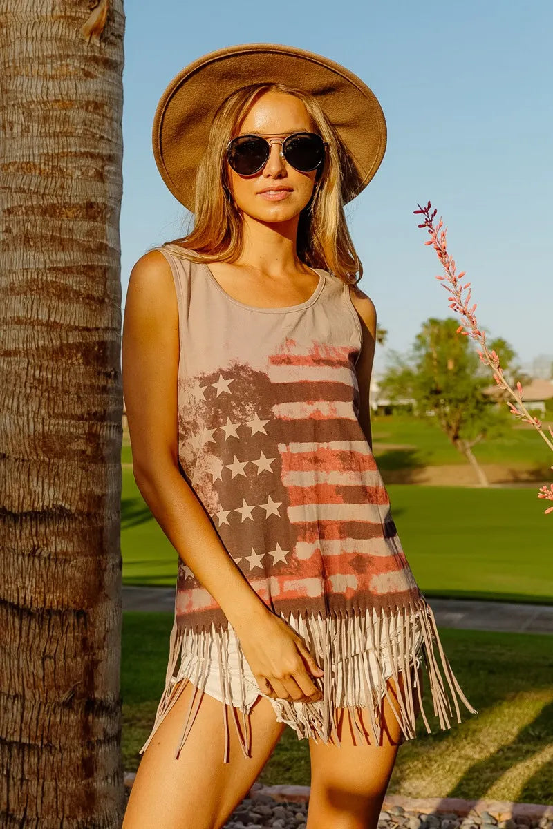 Terracotta sleeveless knit top by Trendsi with American flag print, casual style, and scoop neckline.