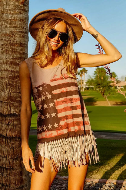 Terracotta sleeveless knit top with American flag print by Trendsi, featuring a relaxed fit and casual style.