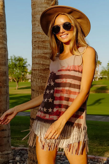 Terracotta sleeveless knit top by Trendsi featuring an American flag print, casual sleeveless design, and soft fabric.