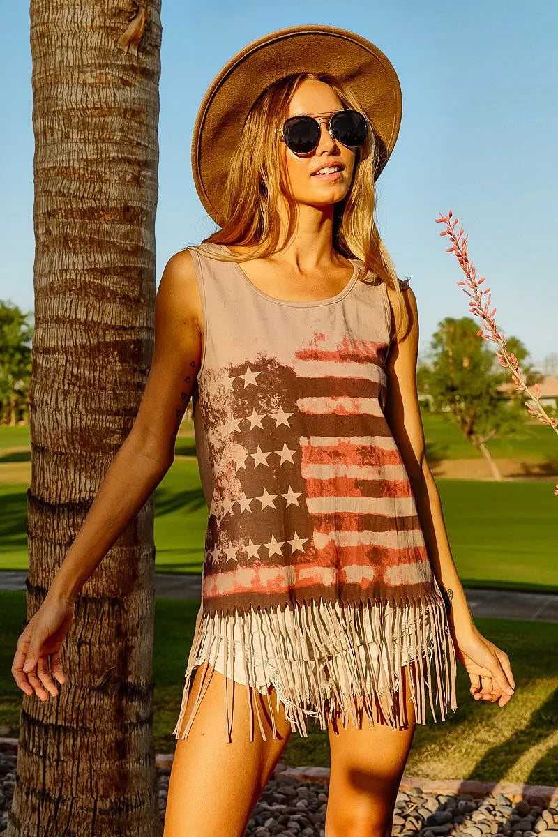 Terracotta sleeveless knit top by Trendsi featuring an American flag print, casual and stylish summer top.