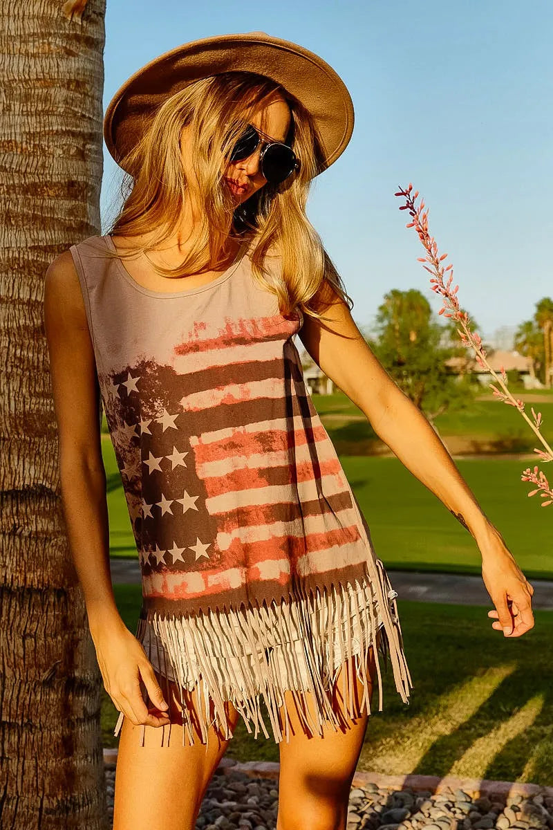 Terracotta sleeveless top with American flag print from BiBi by Trendsi, featuring a knit fabric and casual, stylish design.