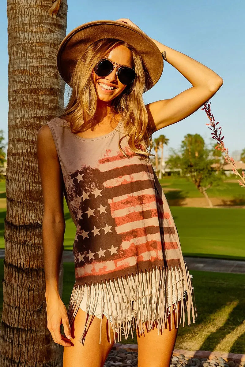 Terracotta sleeveless knit top with American flag print by Trendsi, featuring a relaxed fit and casual style.