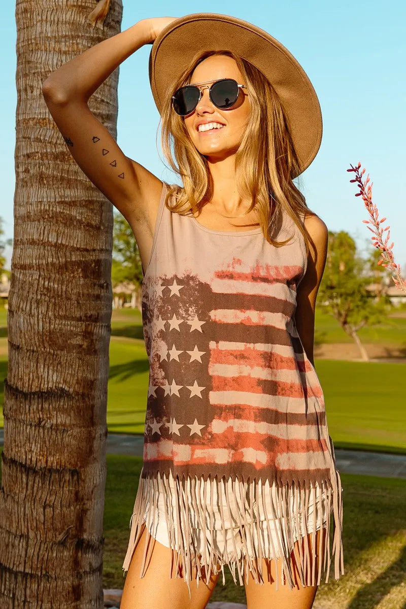 Terracotta sleeveless knit top by Trendsi featuring an American flag print, casual style with a round neckline and sleeveless design.