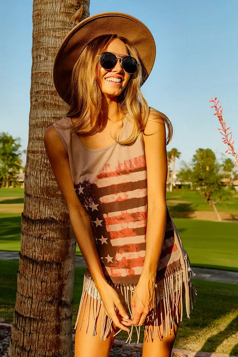 Terracotta sleeveless knit top by Trendsi with American flag print, featuring a relaxed fit and casual style.