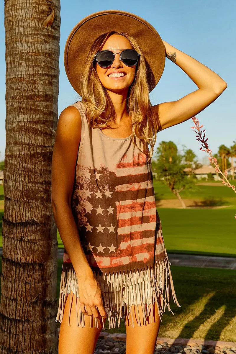 Terracotta sleeveless knit top by Trendsi with American flag print, featuring a casual, stylish design.