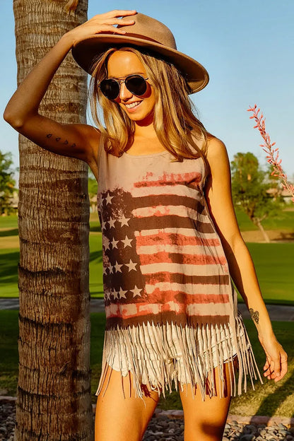Terracotta knit sleeveless top with American flag print from BiBi by Trendsi, featuring a relaxed fit and casual style.
