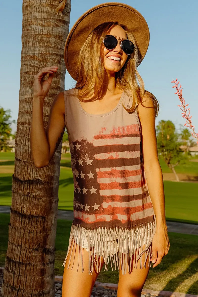 Terracotta knit sleeveless top with American flag print by Trendsi, featuring a casual, patriotic design and sleeveless style.