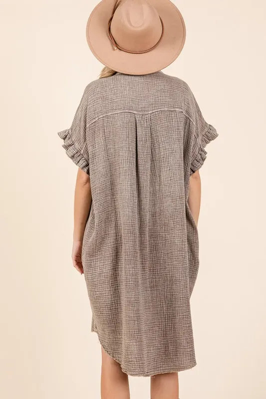 Toffee-colored Mittoshop mineral wash cotton gauze mini shirt dress with collar and button-front, styled for a casual look.