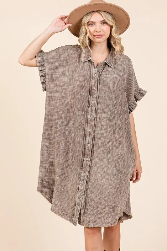 Toffee-colored Mittoshop mineral wash cotton gauze mini shirt dress from Trendsi, displayed on a hanger.