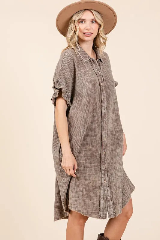Toffee-colored Mittoshop mineral wash cotton gauze mini shirt dress by Trendsi, featuring a relaxed fit and button-front design.