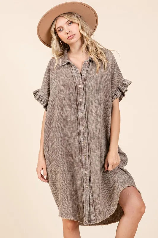 Toffee-colored Mittoshop mineral wash cotton gauze mini shirt dress, casual fit, lightweight fabric, short sleeves, front button closure.
