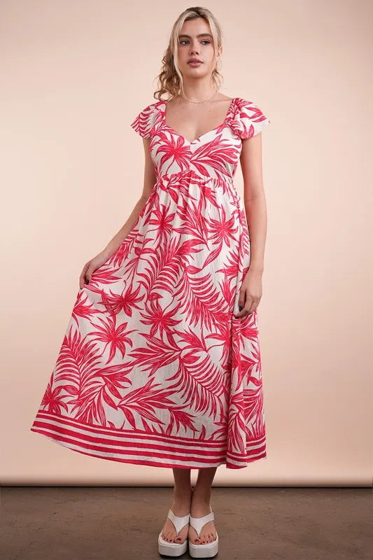 Tropical printed midi boho summer dress by Trendsi, featuring vibrant tomato mix colors and relaxed fit.
