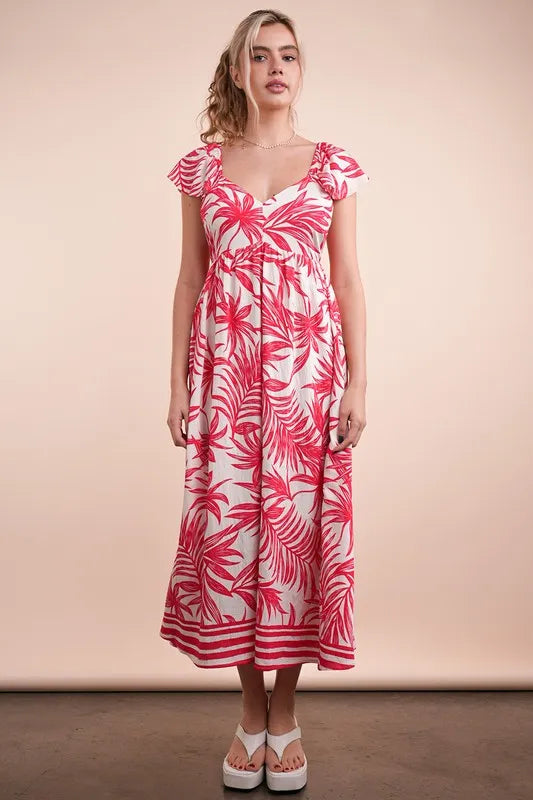Tropical printed midi boho dress by Trendsi featuring vibrant tomato and multicolor floral pattern, lightweight summer fabric.