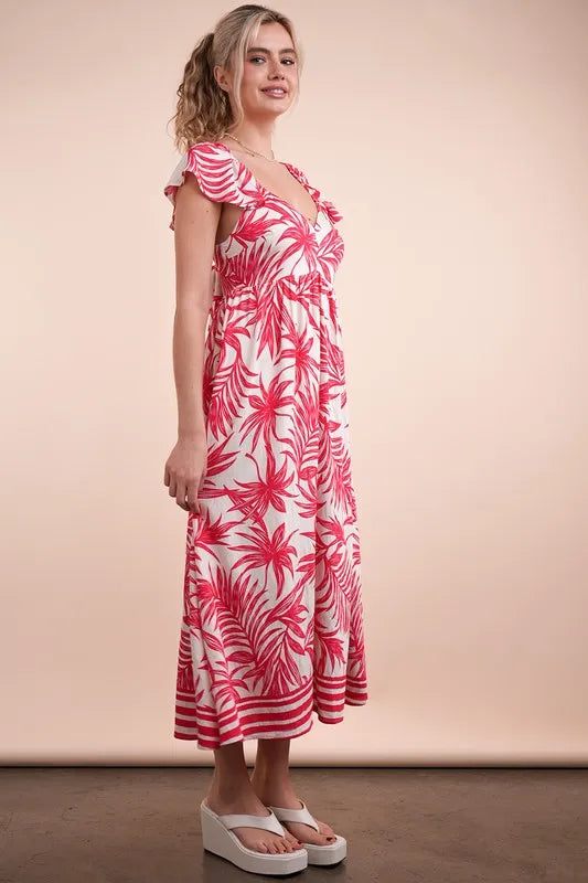 Tropical printed midi boho summer dress by Very J, featuring vibrant tomato mix floral pattern and lightweight breezy fabric.