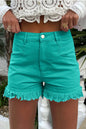 Turquoise raw hem high waist denim shorts from Trendsi, showcasing distressed details and classic fit.