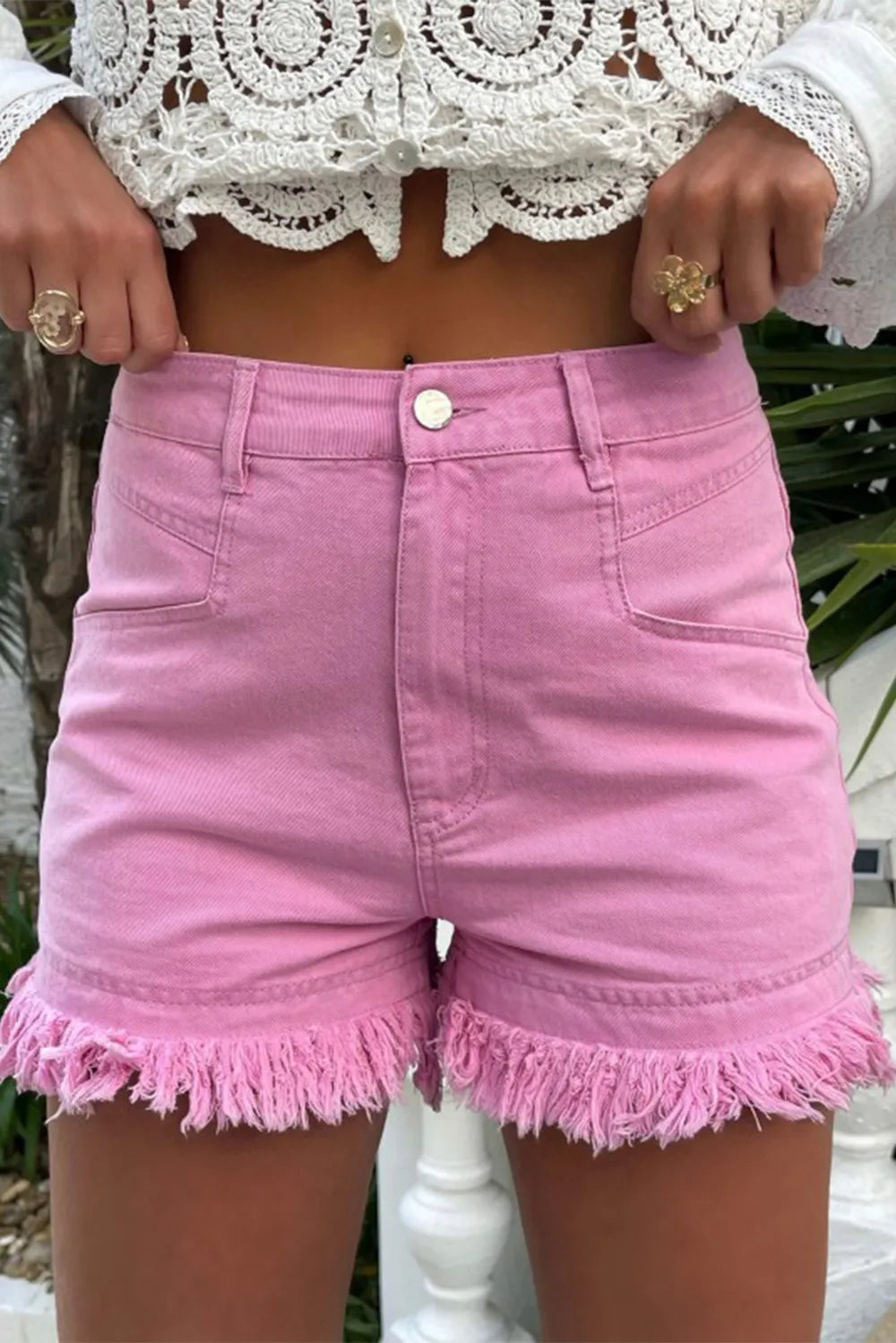 Turquoise raw hem high waist denim shorts by Trendsi featuring a stylish fit and casual summer look.