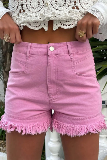 Turquoise raw hem high waist denim shorts by Trendsi featuring a stylish fit and casual summer look.