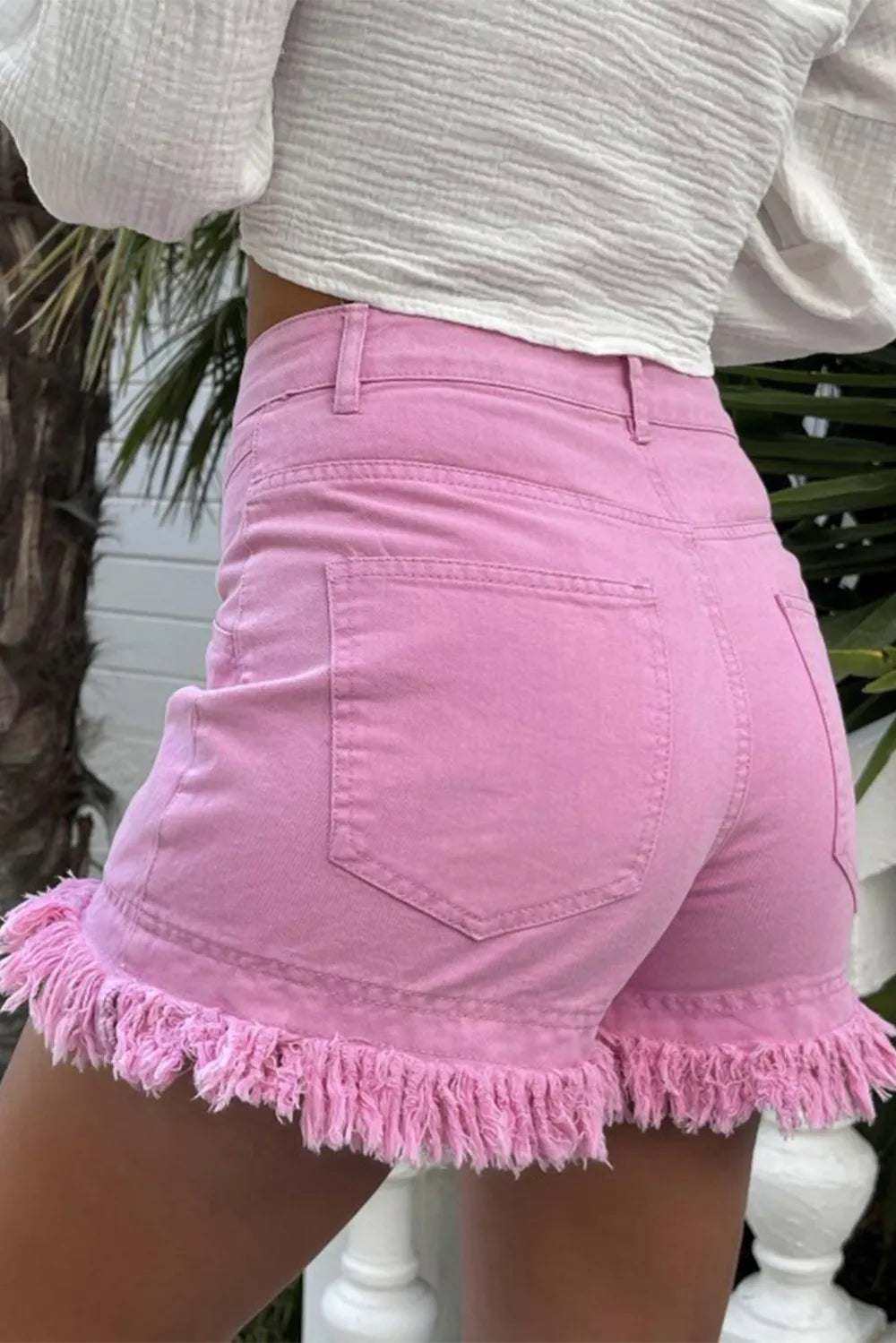 Turquoise raw hem high waist denim shorts from Trendsi, featuring a stylish fit and classic denim texture.