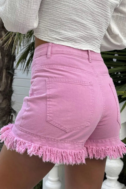Turquoise raw hem high waist denim shorts from Trendsi, featuring a stylish fit and classic denim texture.