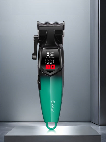 Turquoise cordless hair clipper with LED display from Trendsi, showing adjustable blades and ergonomic design.