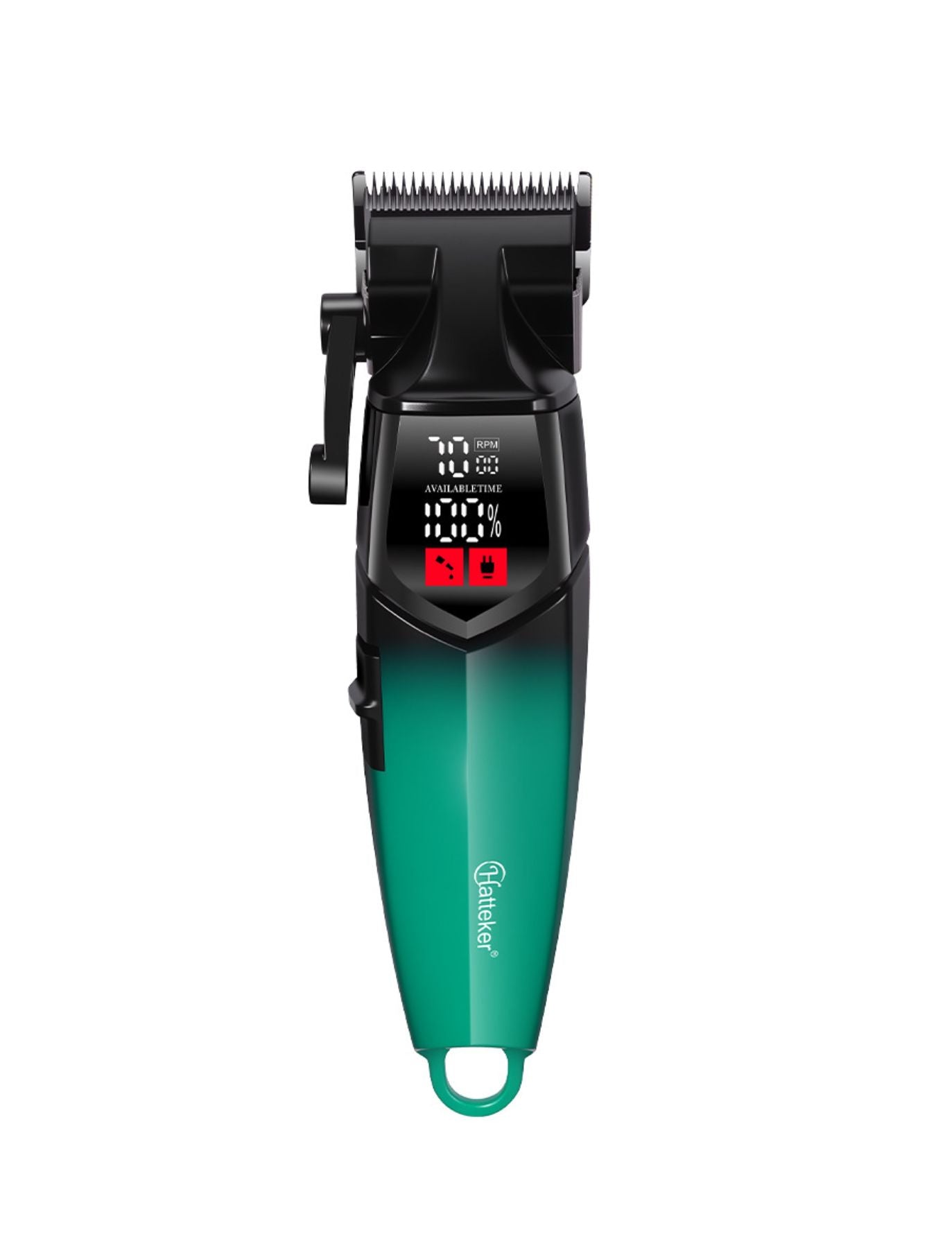 Turquoise cordless hair clipper with LED display, Trendsi brand, showing adjustable blades and ergonomic design for easy grooming.