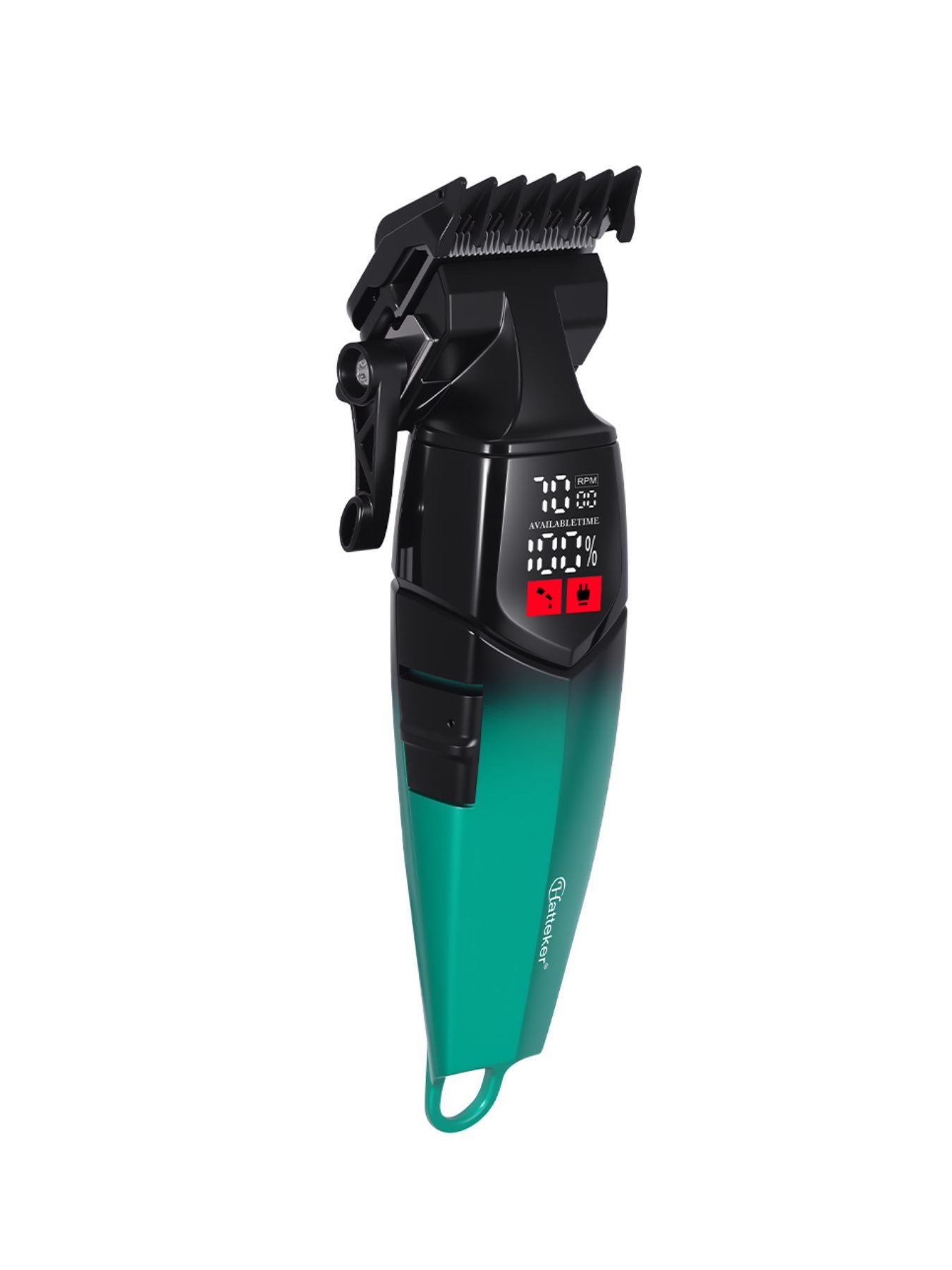 Turquoise cordless hair clipper from Trendsi with LED display, lightweight design, and adjustable blade for precise grooming.