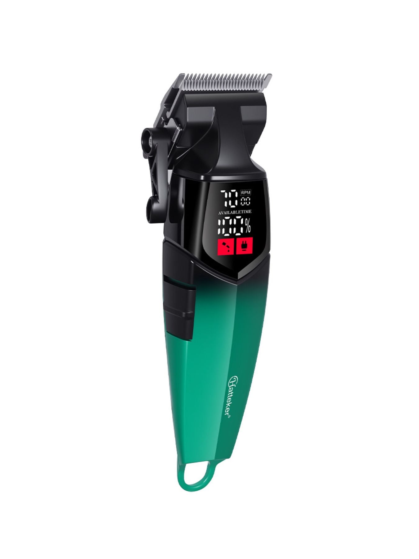 Turquoise cordless hair clipper with LED display by Trendsi showing adjustable blades and ergonomic design.