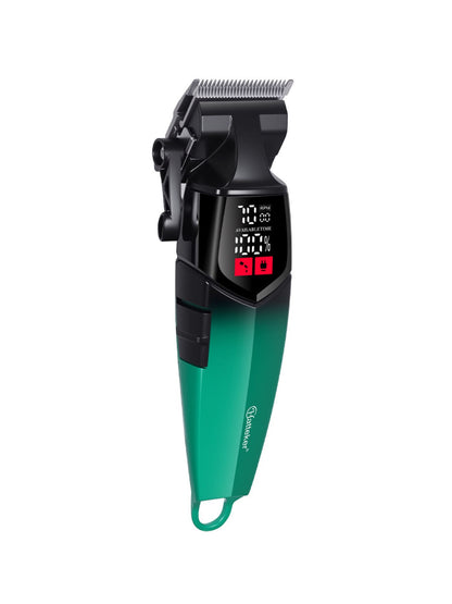 Turquoise cordless hair clipper with LED display by Trendsi showing adjustable blades and ergonomic design.