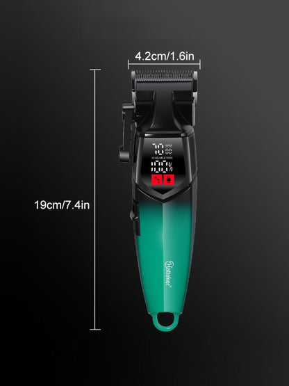 Turquoise cordless hair clipper with LED display and adjustable blades, designed for easy home hair cutting by Trendsi.