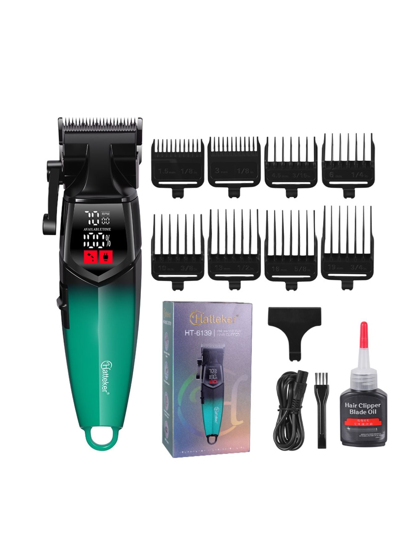 Turquoise cordless hair clipper with LED display and ergonomic design, ideal for precise hair cutting at home.