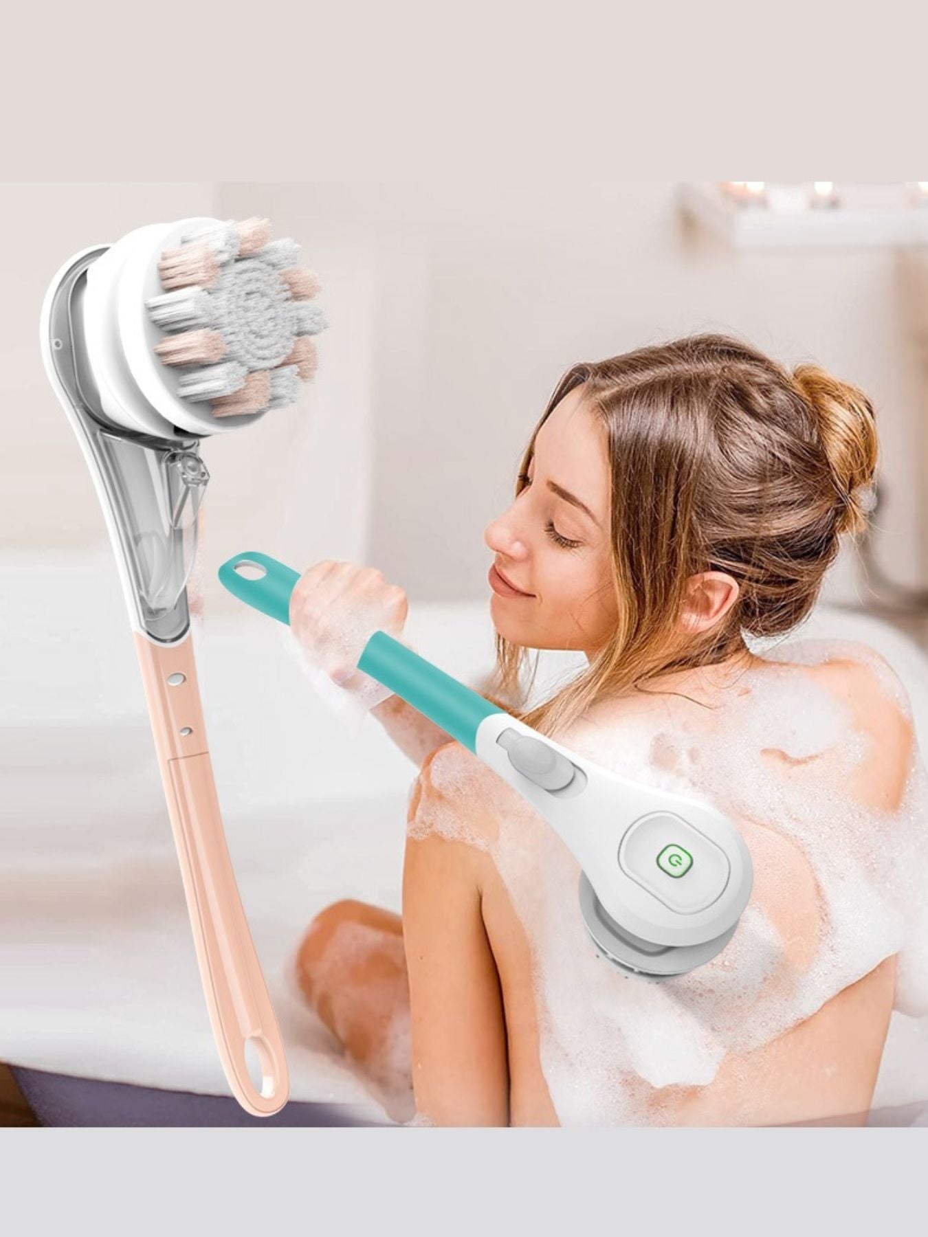 Turquoise long handle exfoliating body brush by Trendsi with a comfortable ergonomic grip for smooth skin cleansing.
