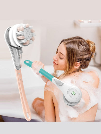 Turquoise long handle exfoliating body brush by Trendsi with a comfortable ergonomic grip for smooth skin cleansing.