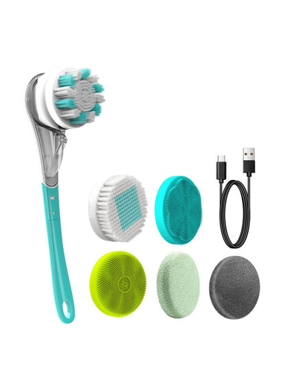 Turquoise long handle exfoliating body brush from Trendsi with a large brush head for gentle skin exfoliation.