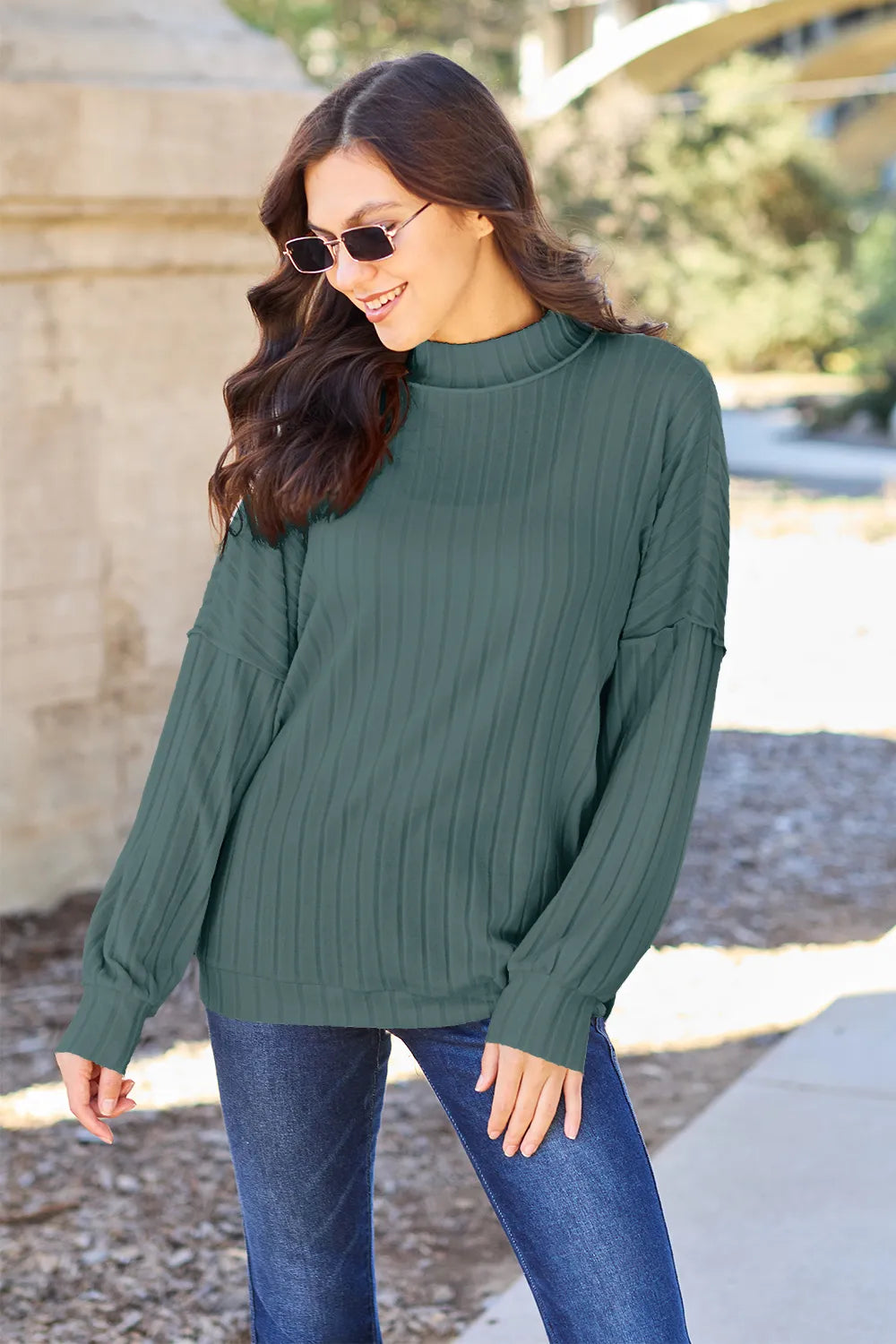 Turquoise Trendsi Basic Bae full-size ribbed knit top with exposed seams and mock neck for a casual, stylish look.