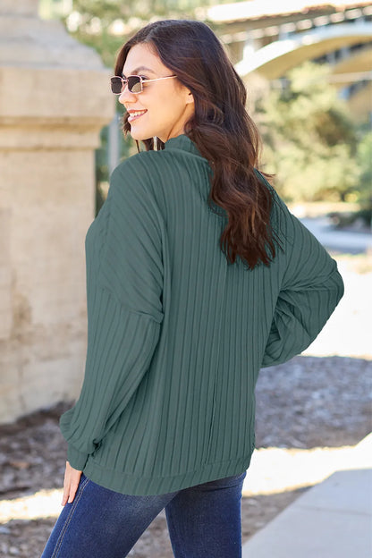 Turquoise Trendsi Basic Bae ribbed knit top with exposed seams and mock neck, full size, stylish and casual for everyday wear.